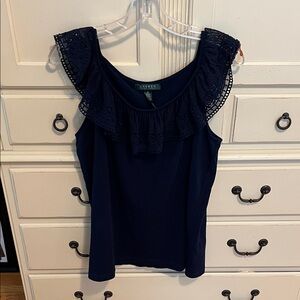 Lauren by Ralph Lauren Navy Blue Lace Ruffle Blouse